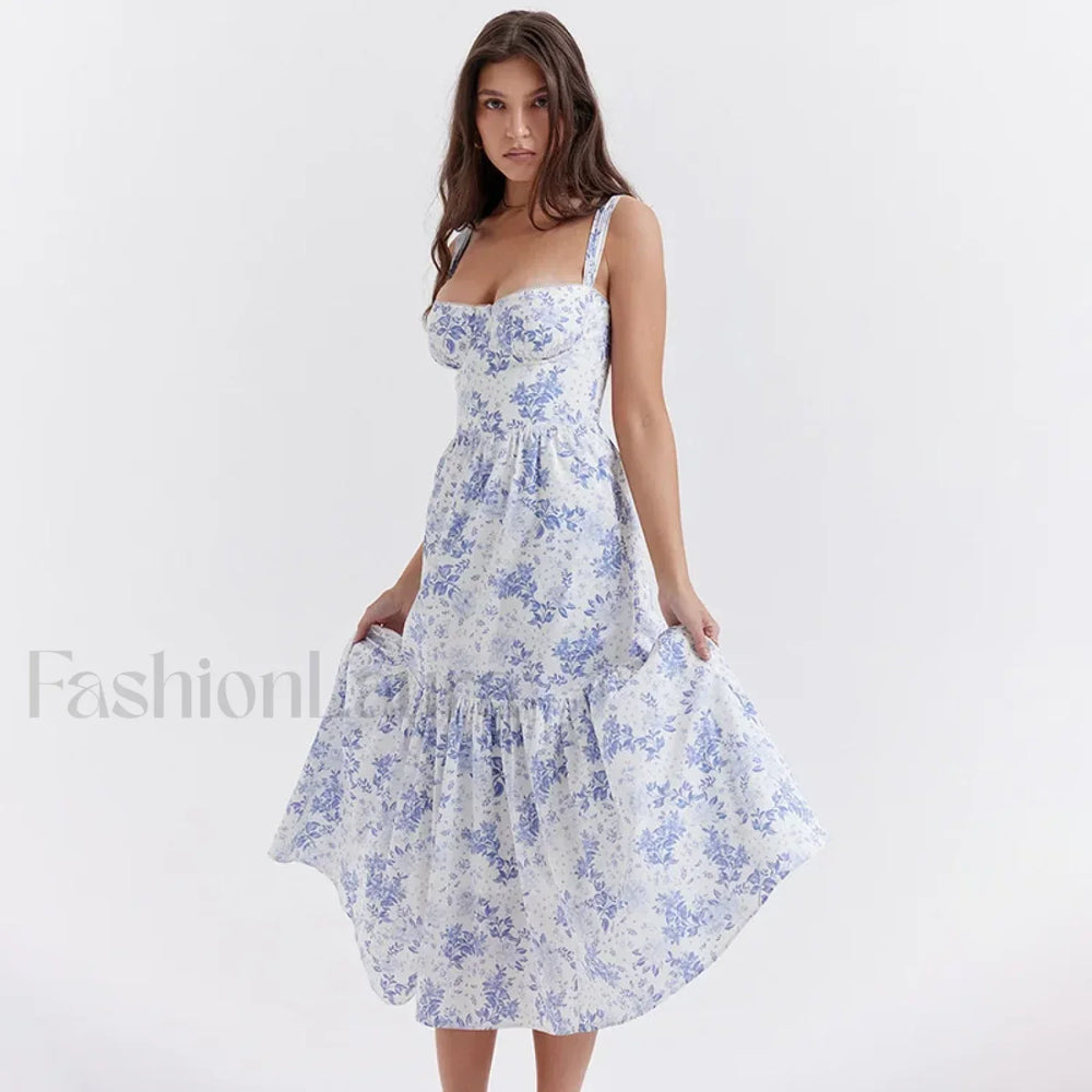 Strapless Bodycon Midi Floral Dress Blue / M