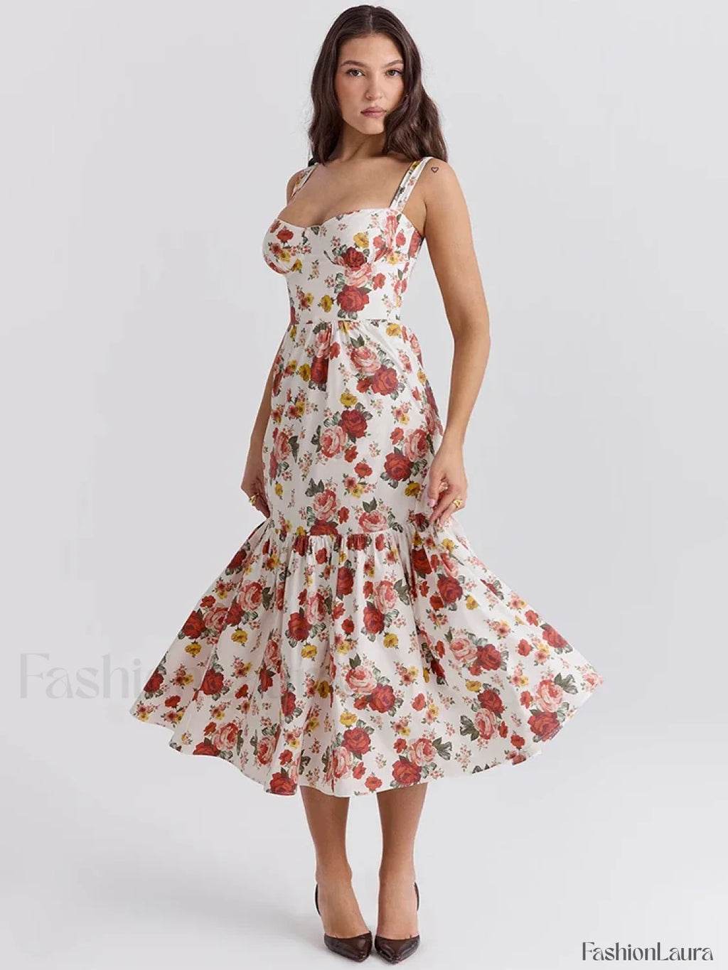 Strapless Bodycon Midi Floral Dress Red / M