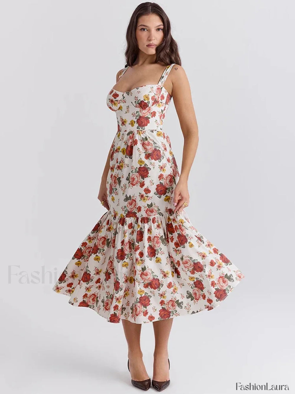Strapless Bodycon Midi Floral Dress Red / M