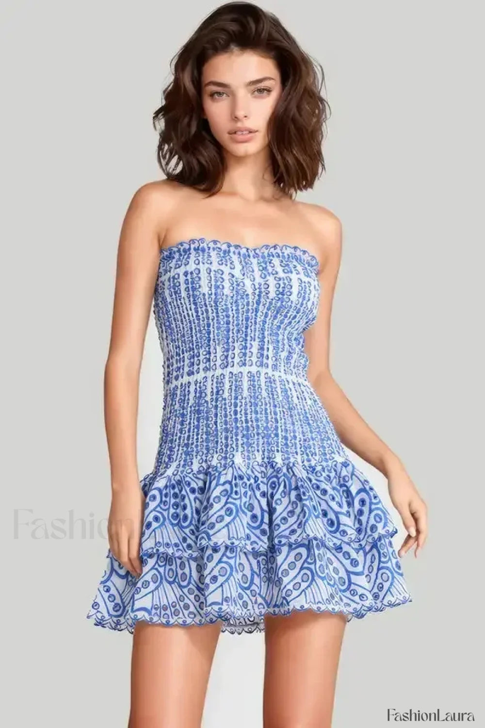 Strapless Flower Embroidery Mini Dress Blue / S