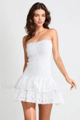 Strapless Flower Embroidery Mini Dress WHITE / S