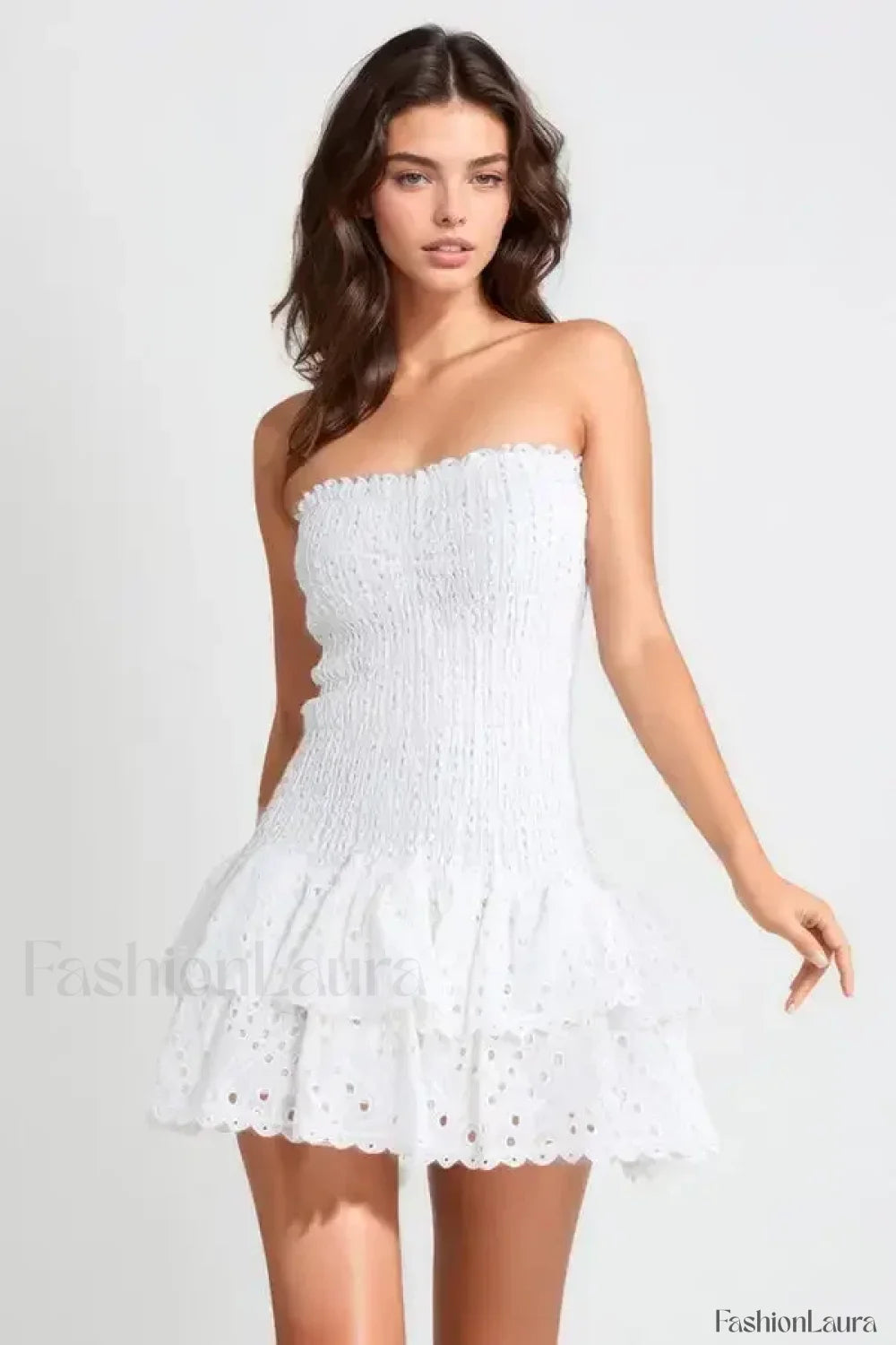 Strapless Flower Embroidery Mini Dress WHITE / S