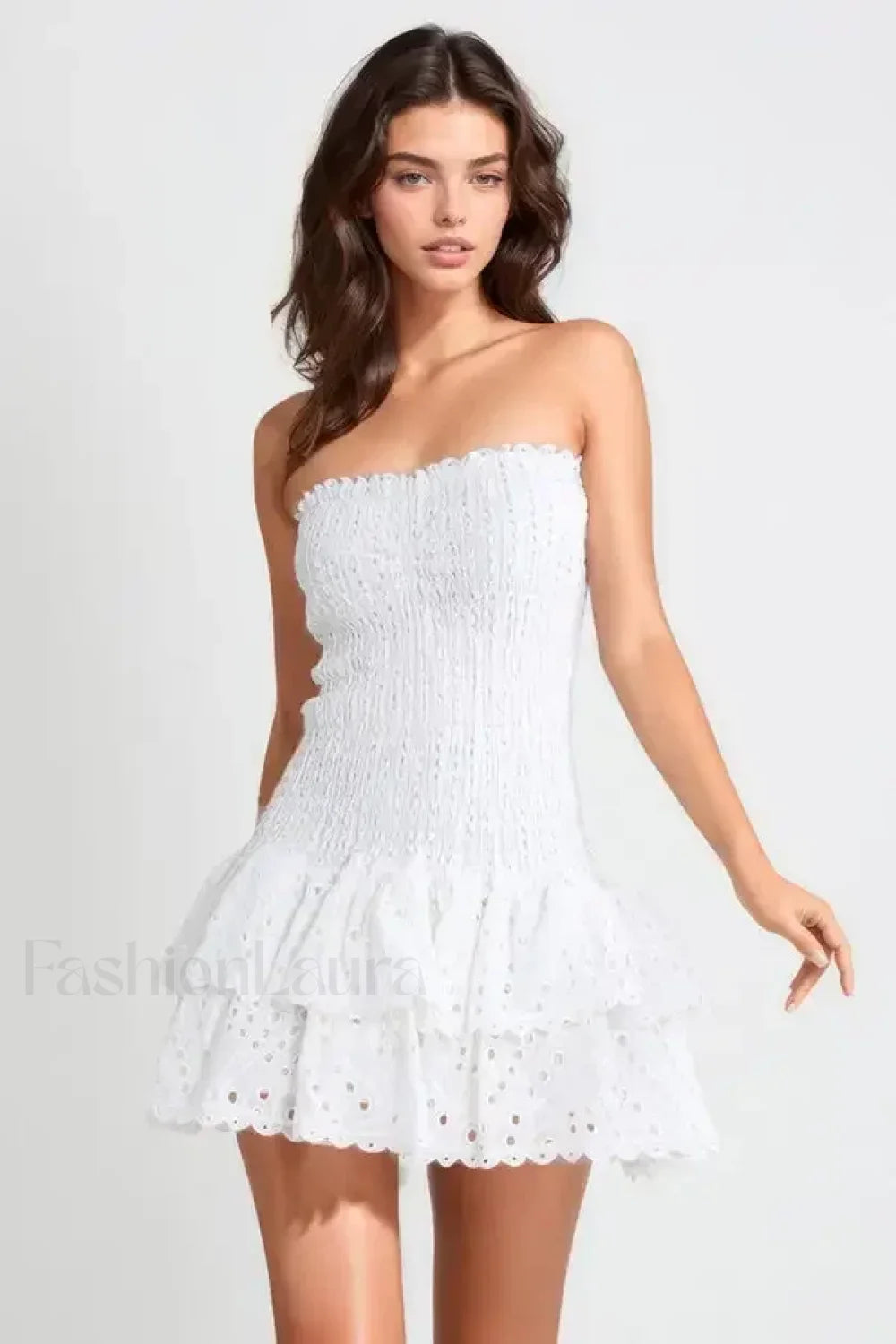 Strapless Flower Embroidery Mini Dress WHITE / S