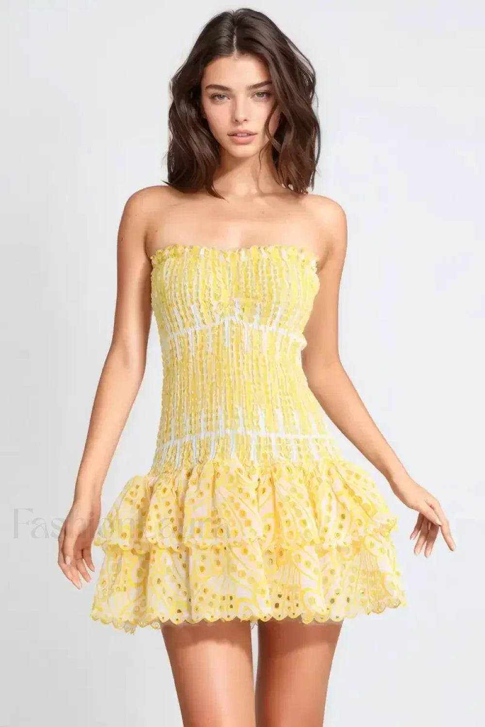 Strapless Flower Embroidery Mini Dress Yellow / S Main image