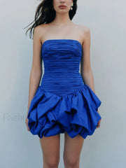 Strapless High Waist Floral Dress BLUE / S