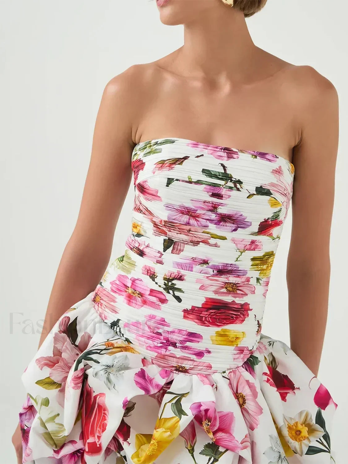 Strapless High Waist Floral Dress WHITE / S Main image