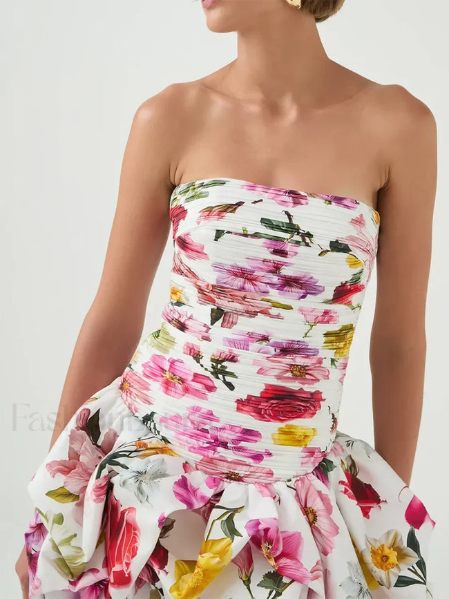 Strapless High Waist Floral Dress WHITE / S Main image