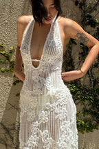 Strapless Jacquard Halter Bodycon Maxi Dress