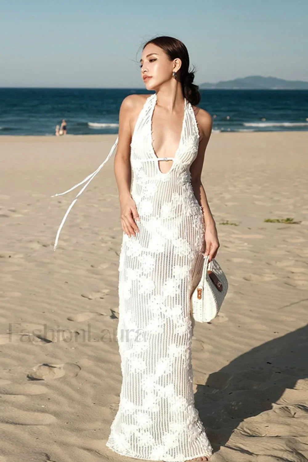Strapless Jacquard Halter Bodycon Maxi Dress White / S Main image