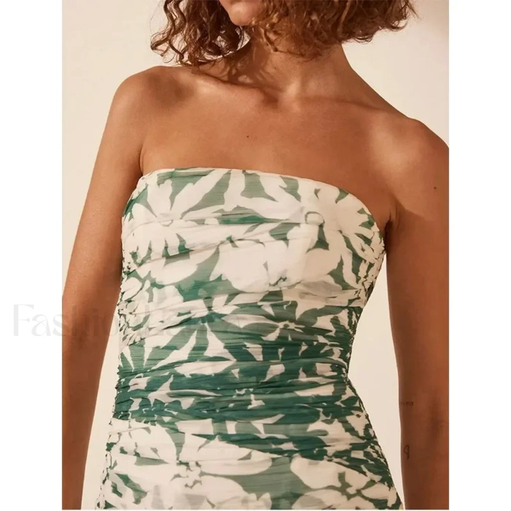 Strapless Pleated Chiffon Floral Dress
