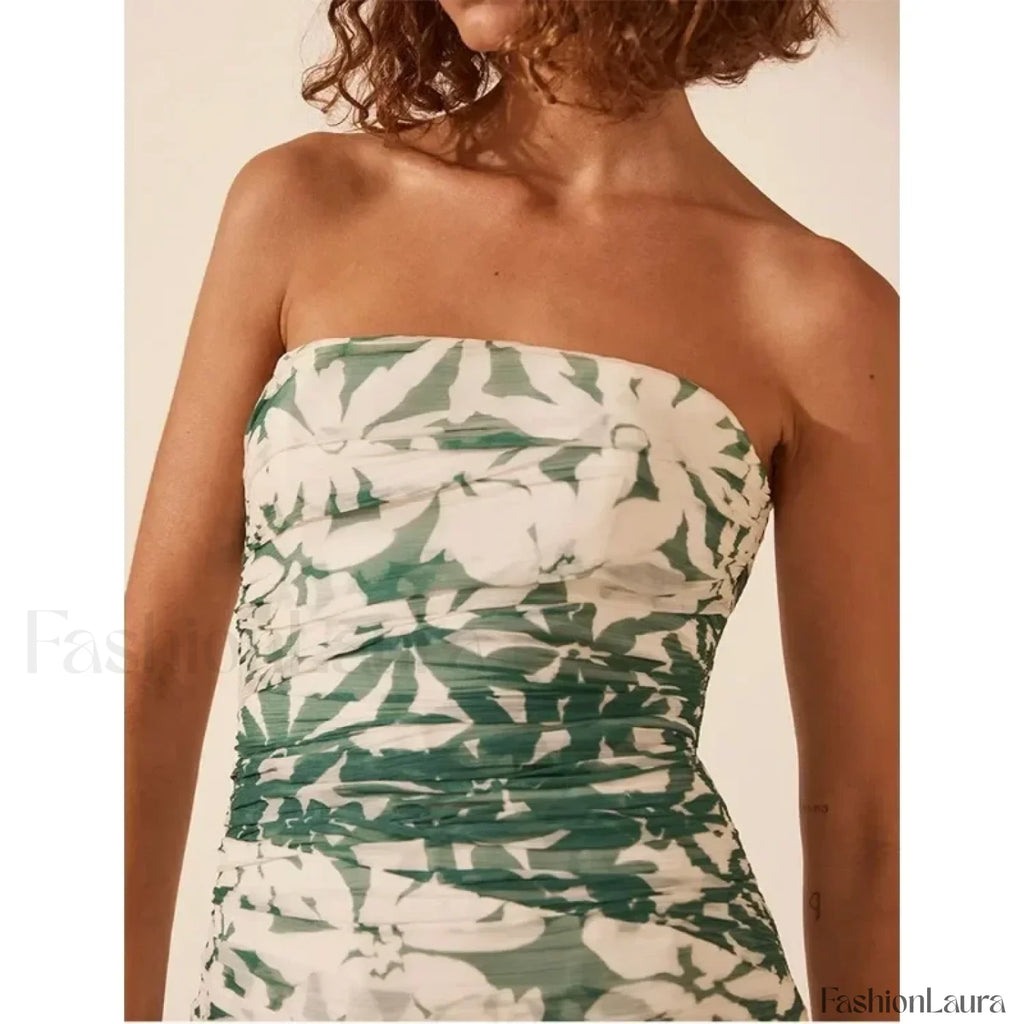 Strapless Pleated Chiffon Floral Dress