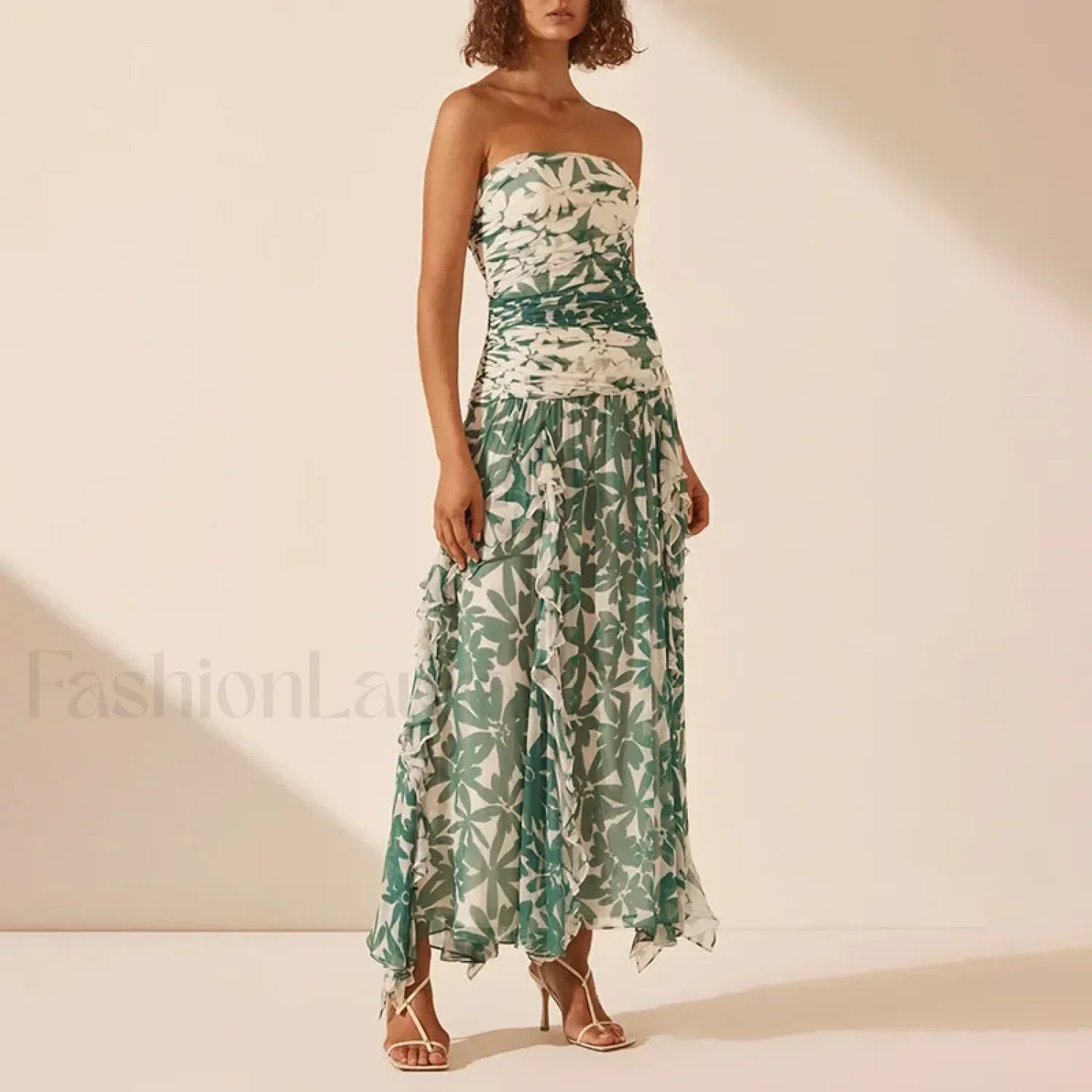 Strapless Pleated Chiffon Floral Dress Main image