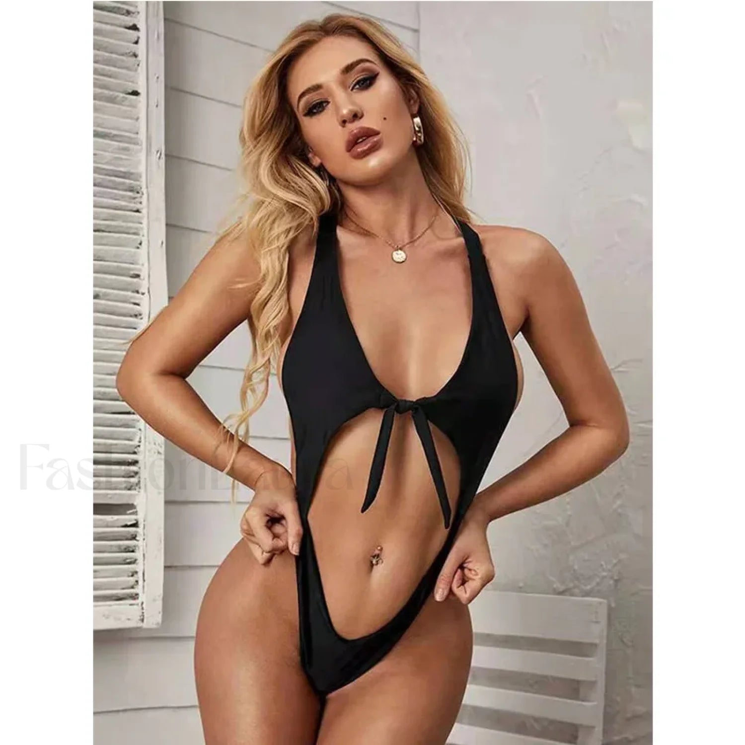 Strapped Tied Cross Hollow One Piece Black / S Main image