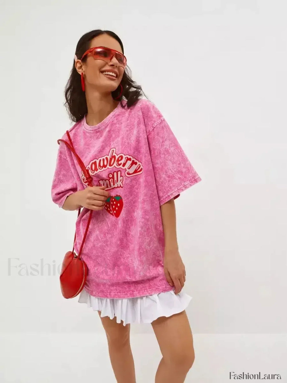 Strawberry Rose Red Print Oversized T Shirt