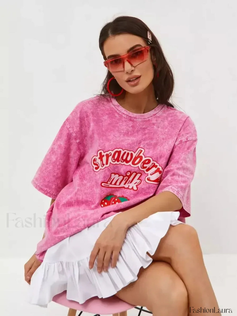Strawberry Rose Red Print Oversized T Shirt