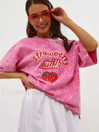 Strawberry Rose Red Print Oversized T Shirt rose red / S