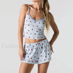 Strawberry Soft Fabric Lace Trim Cami Shorts Two Piece Set