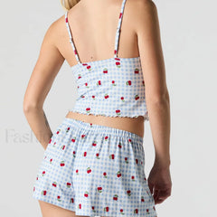 Strawberry Soft Fabric Lace Trim Cami Shorts Two Piece Set