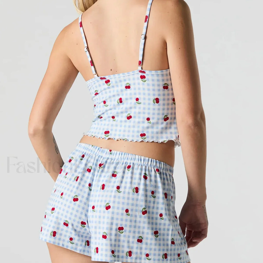 Strawberry Soft Fabric Lace Trim Cami Shorts Two Piece Set