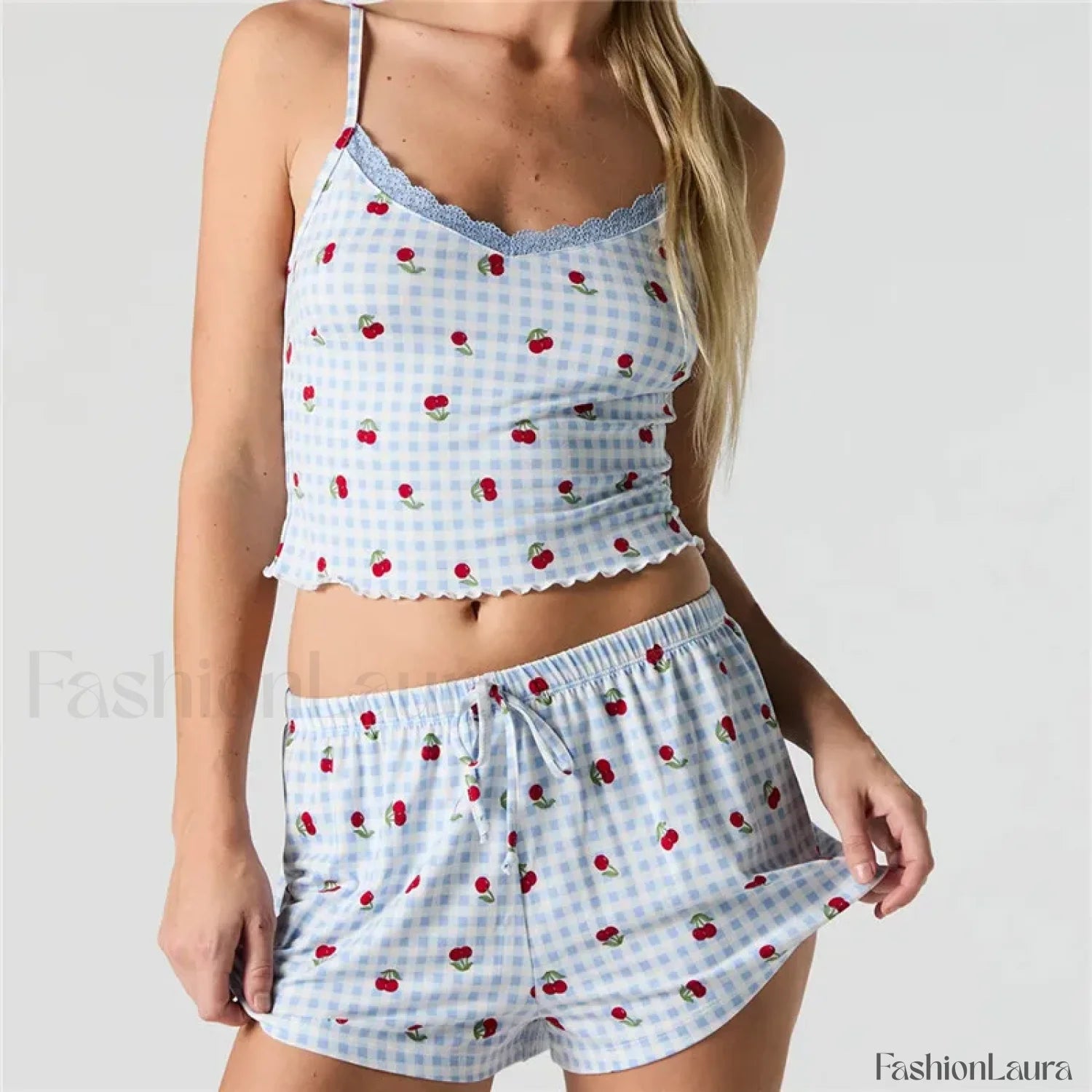 Strawberry Soft Fabric Lace Trim Cami Shorts Two Piece Set