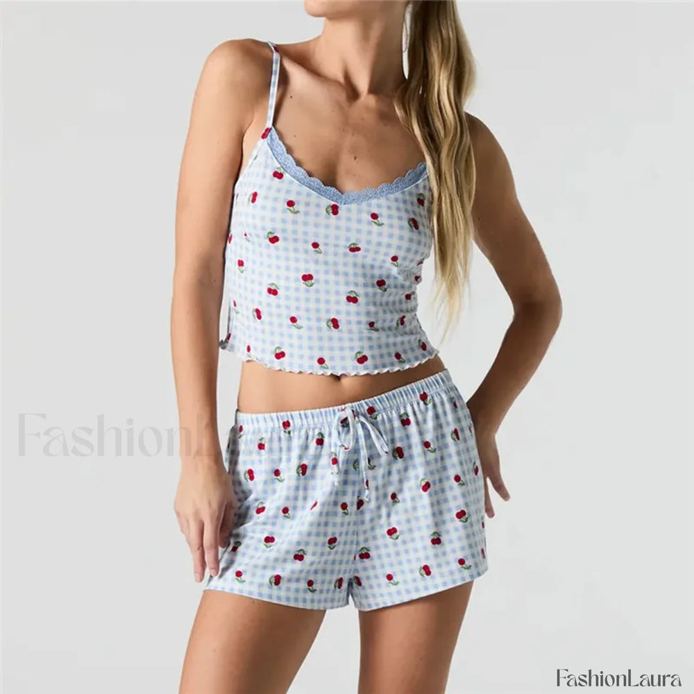 Strawberry Soft Fabric Lace Trim Cami Shorts Two Piece Set