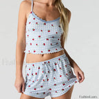 Strawberry Soft Fabric Lace Trim Cami Shorts Two Piece Set S / Blue
