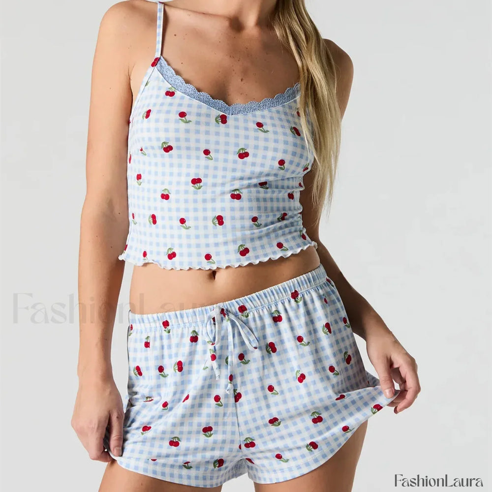 Strawberry Soft Fabric Lace Trim Cami Shorts Two Piece Set S / Blue
