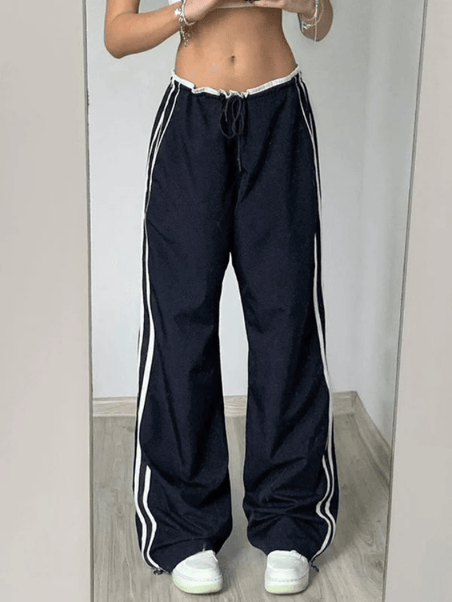 Street Ribbon Contrast Color Wide Leg Pants Blue / S Pants Main image