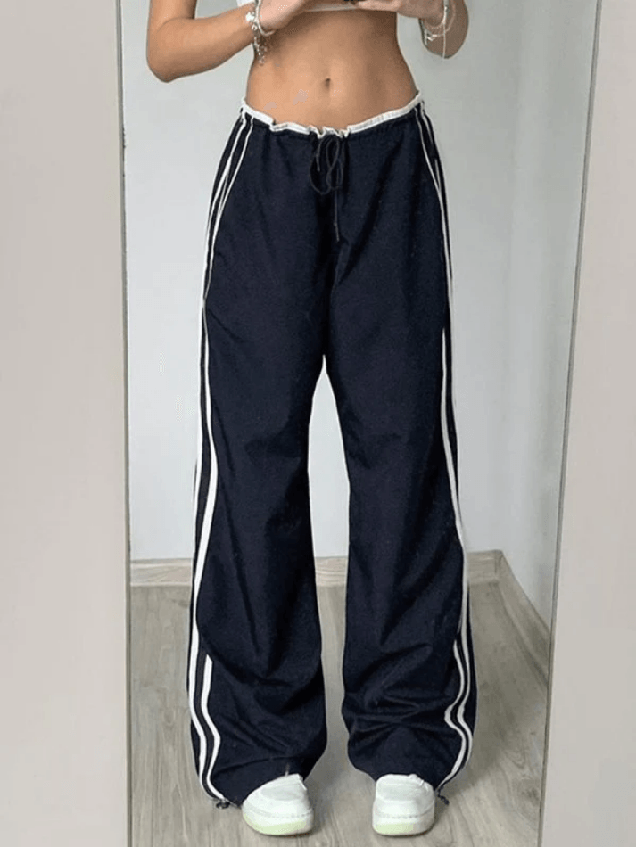 Street Ribbon Contrast Color Wide Leg Pants Blue / S Pants