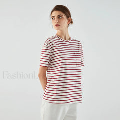 Stripe Cotton Crop Top Casual T Shirt Red / S