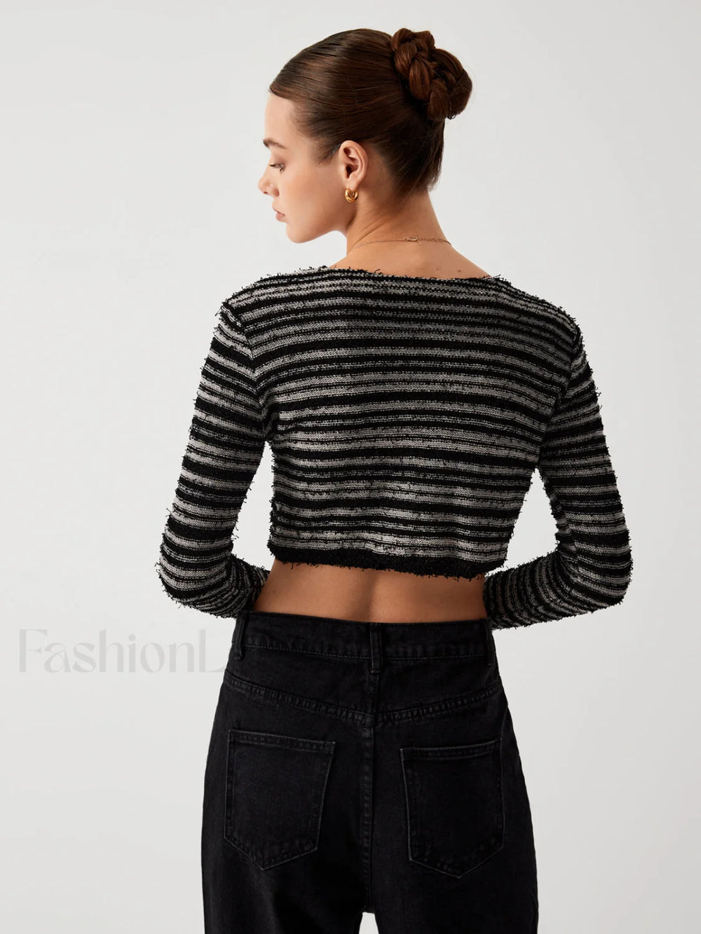 Stripe Fuzzy Fly Trendy Away Crop Cardigan Sweaters L