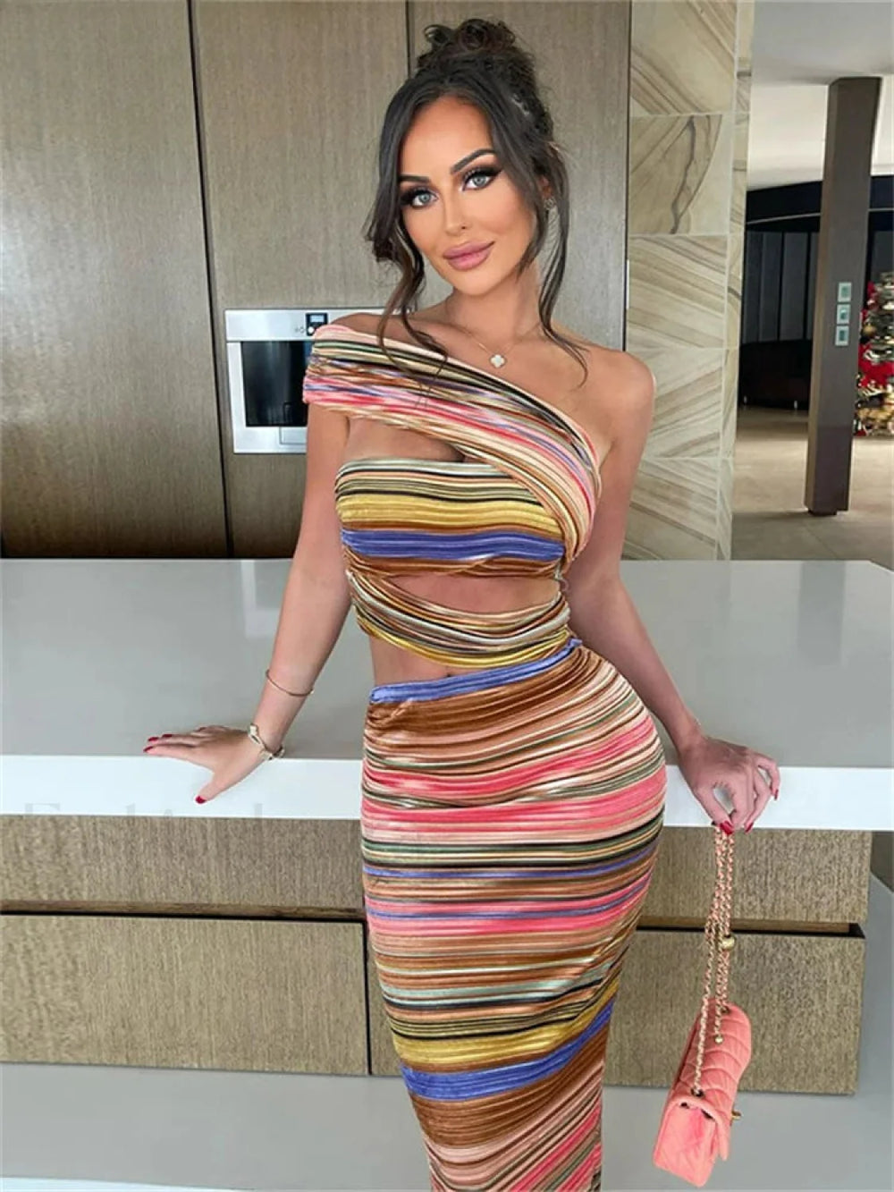 Stripe Hollow Diagonal Maxi Dress MULTI / S