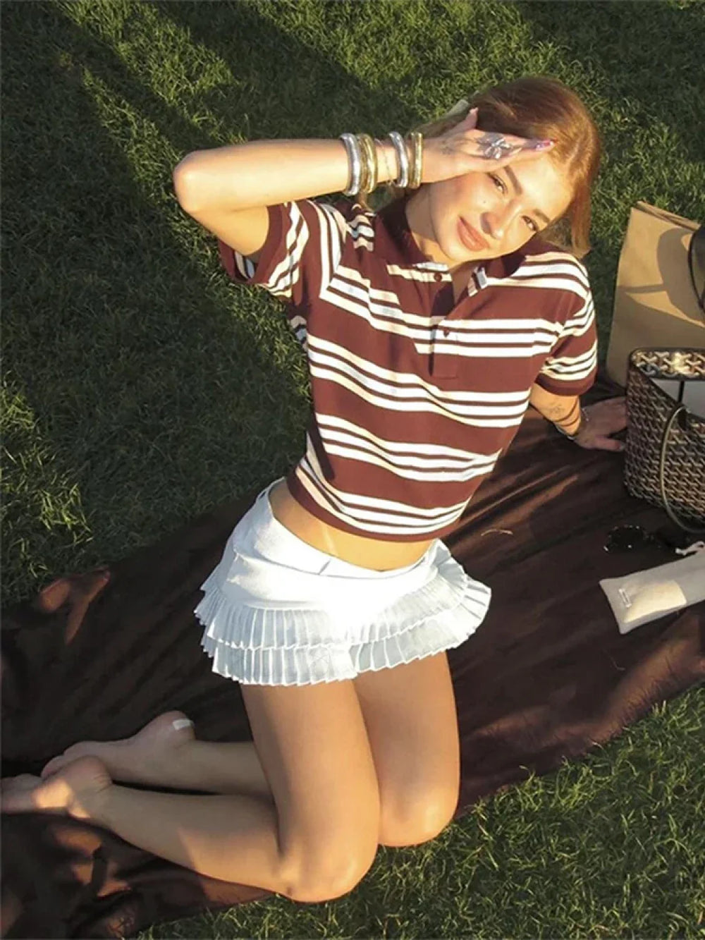 Stripe Polo Neck Loose Casual T Shirt