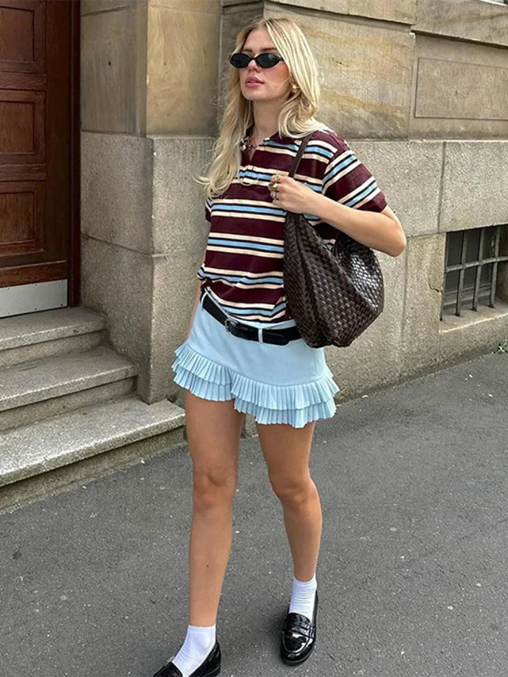 Stripe Polo Neck Loose Casual T Shirt