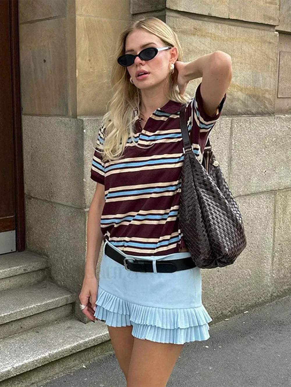 Stripe Polo Neck Loose Casual T Shirt