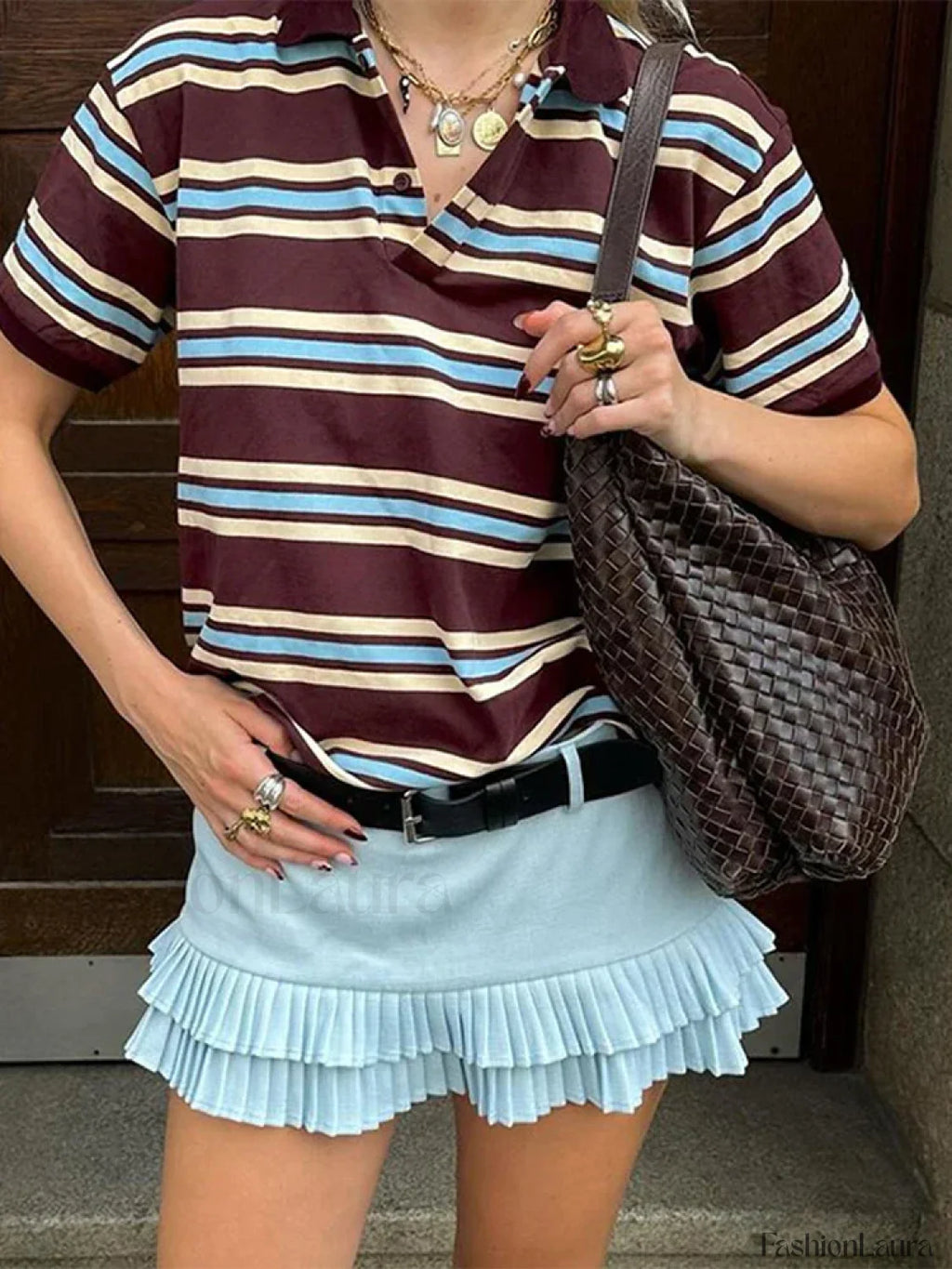 Stripe Polo Neck Loose Casual T Shirt brown / S