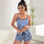 Stripe Silk Satin Cami Shorts Two Piece Set royal blue / S