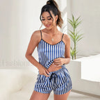 Stripe Silk Satin Cami Shorts Two Piece Set royal blue / S