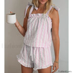 Striped Bow Ruffle Shorts Two Piece Set