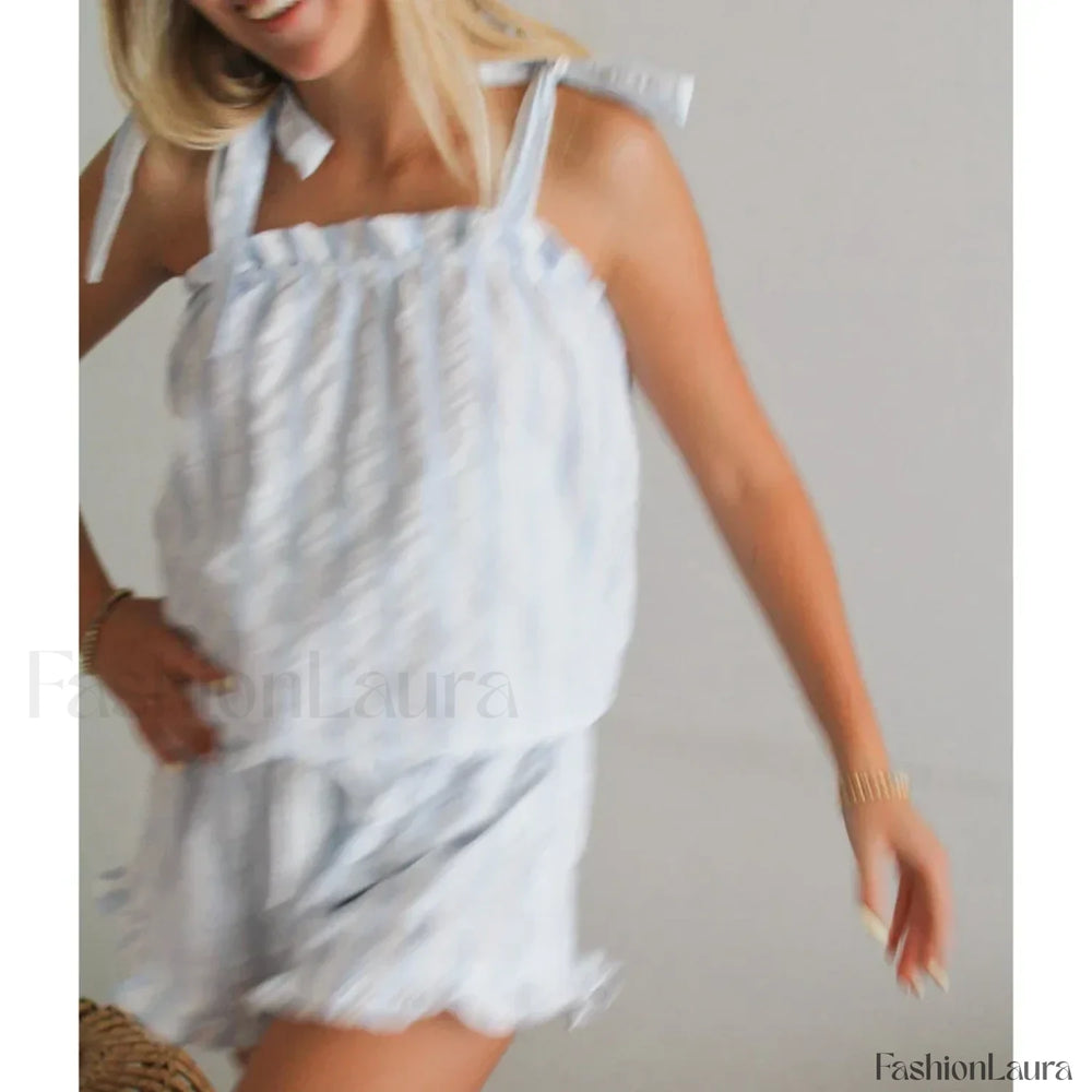 Striped Bow Ruffle Shorts Two Piece Set