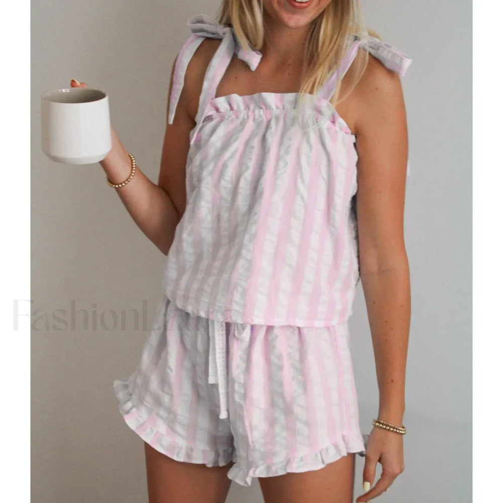 Striped Bow Ruffle Shorts Two Piece Set