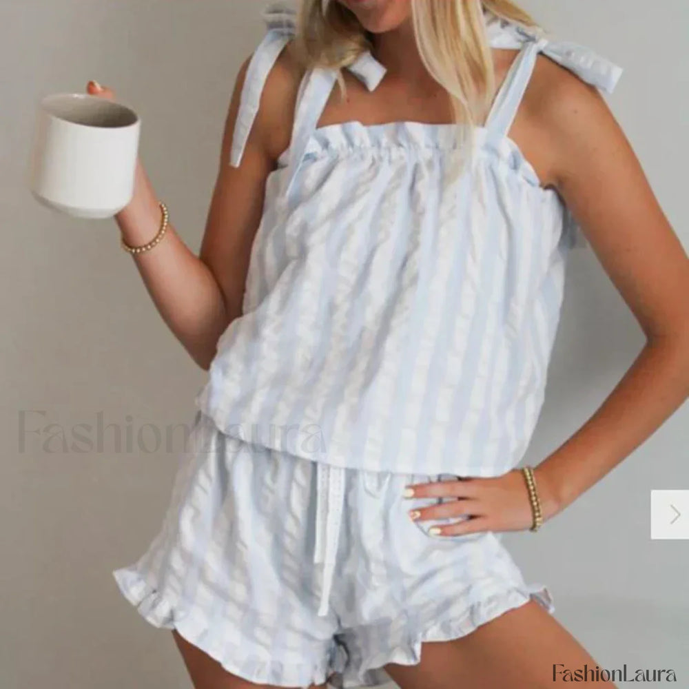 Striped Bow Ruffle Shorts Two Piece Set Blue / S