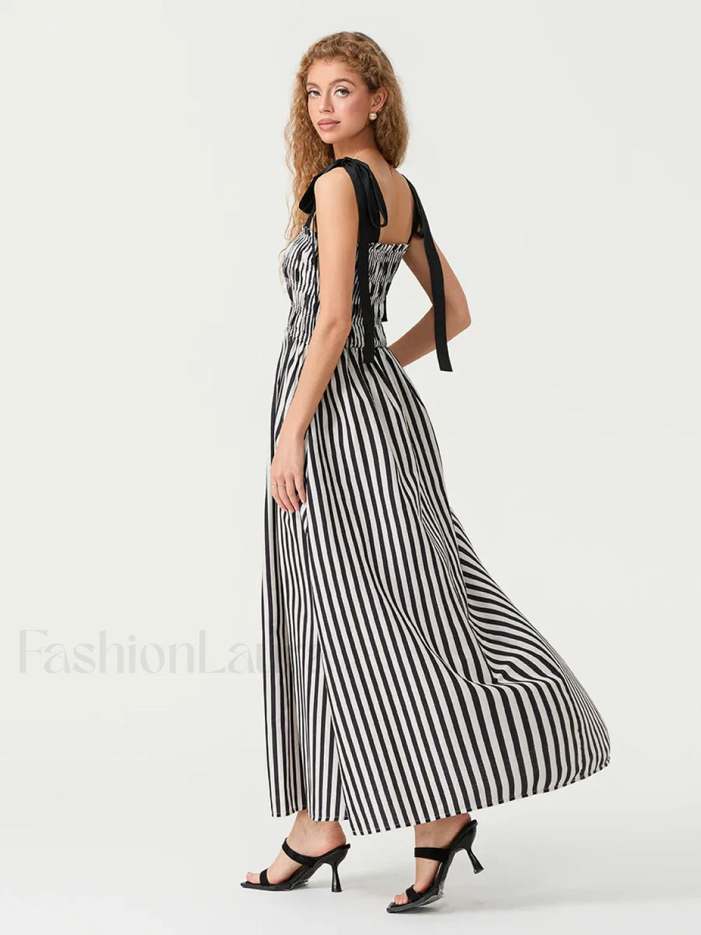 Striped Bow Shirred Maxi Dress