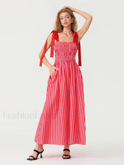 Striped Bow Shirred Maxi Dress
