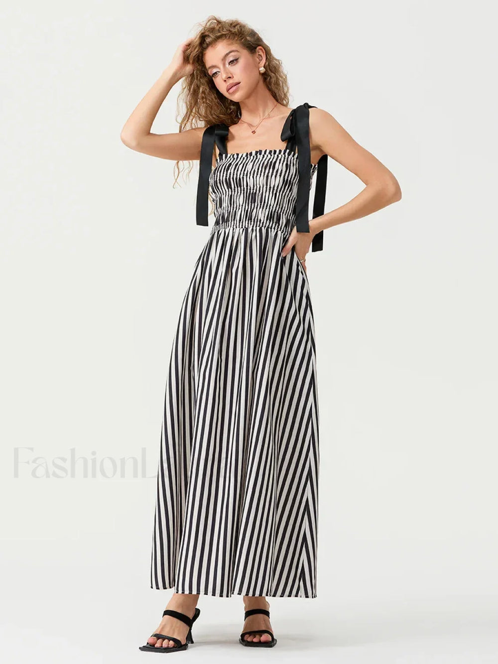 Striped Bow Shirred Maxi Dress Black / S