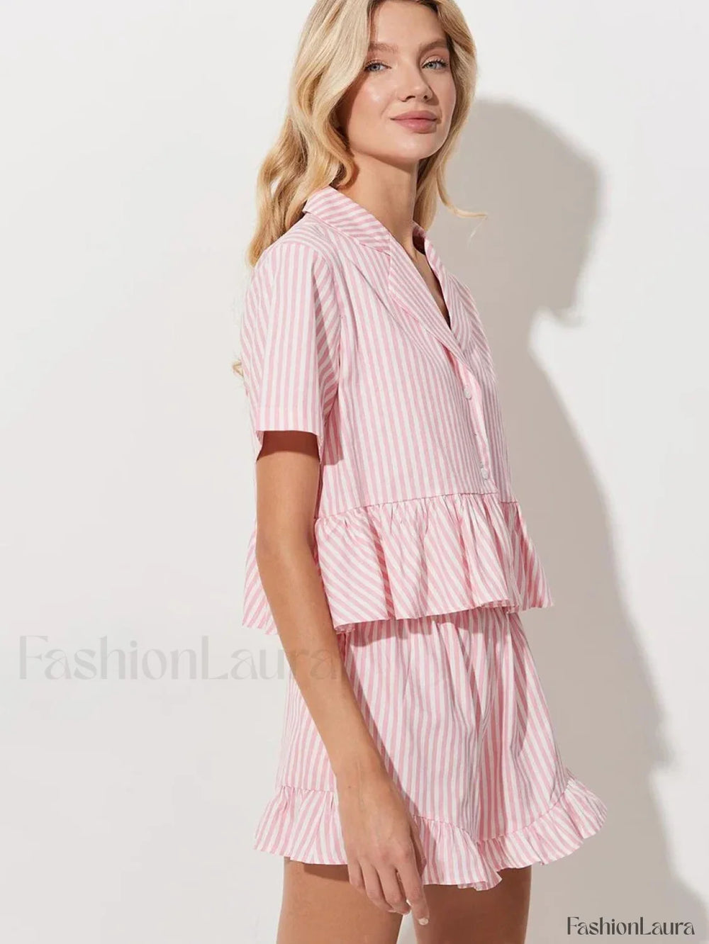 Striped Collar Short Sleeve Shorts Two Piece Set