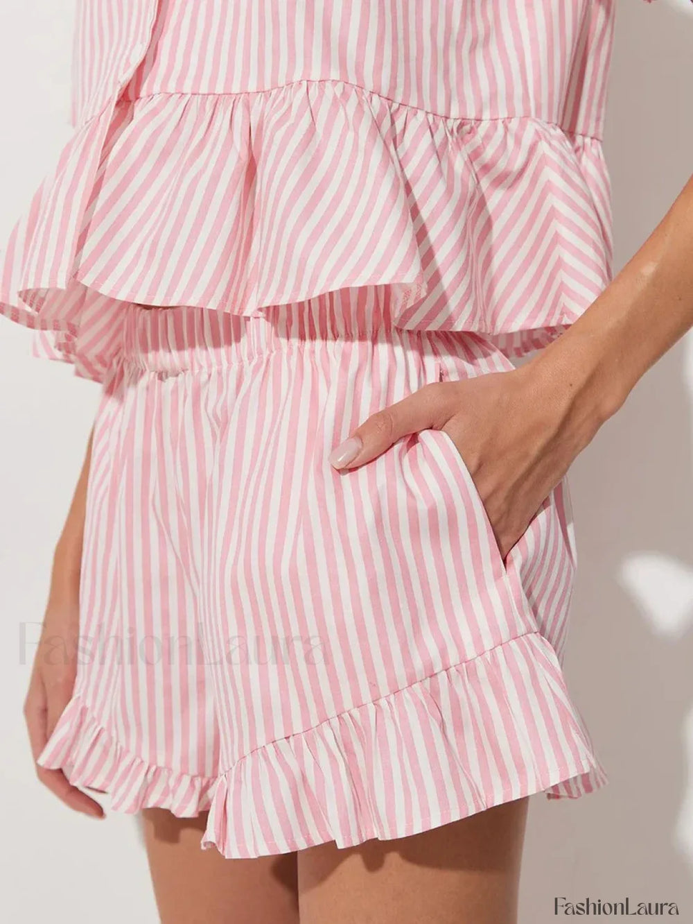 Striped Collar Short Sleeve Shorts Two Piece Set