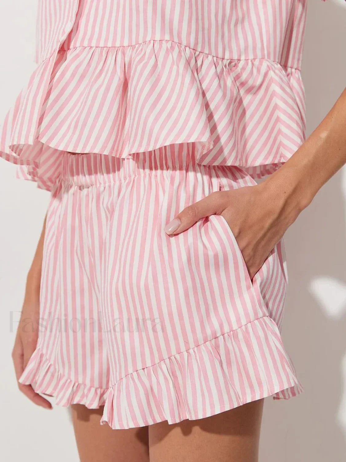 Striped Collar Short Sleeve Shorts Two Piece Set Secondary image