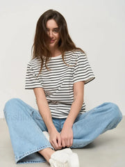 Striped Cotton Knitted Casual T Shirt Black / S