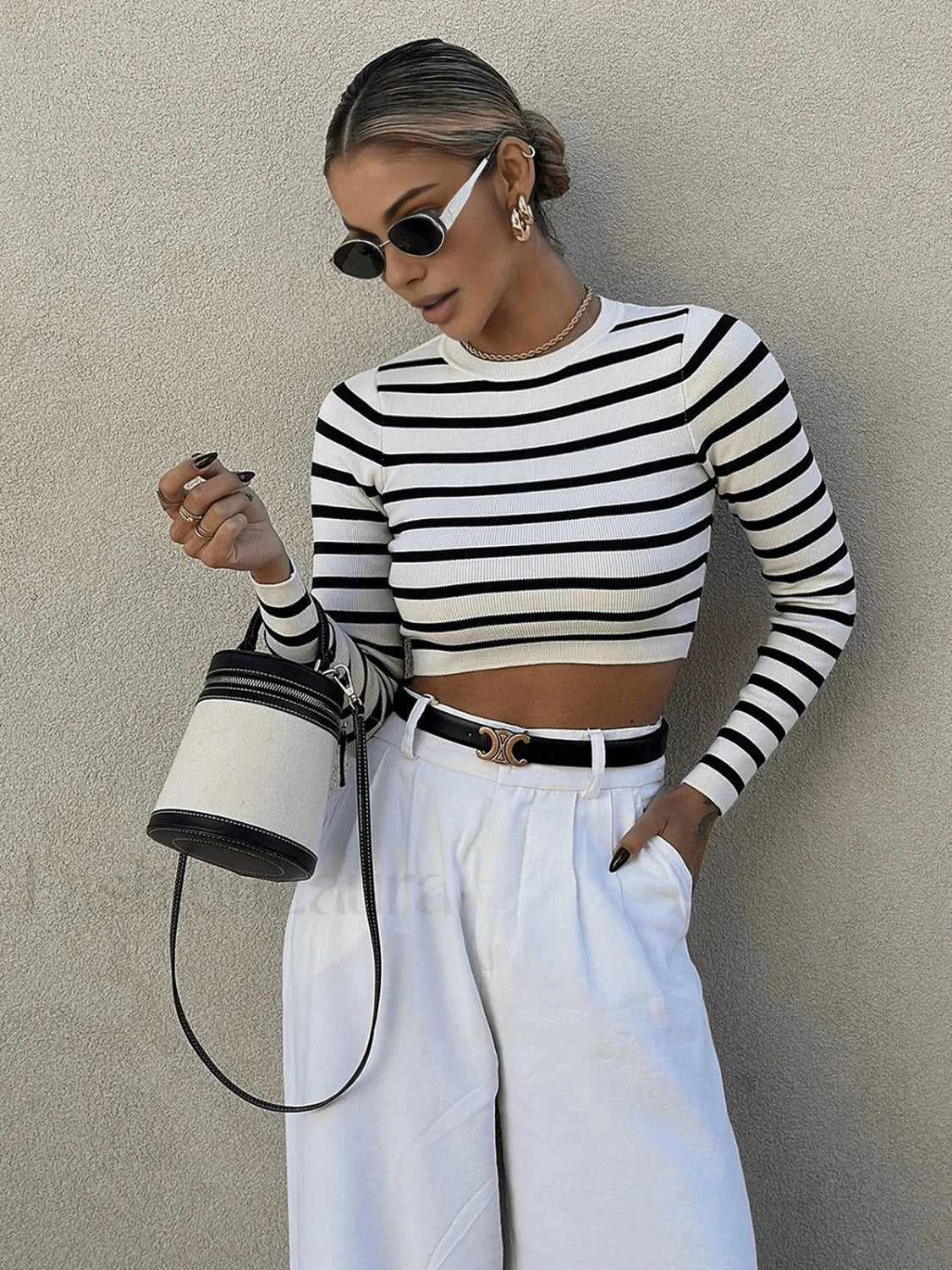 Striped Crop Bodycon Knit Top White / XS Knit Tops Main image
